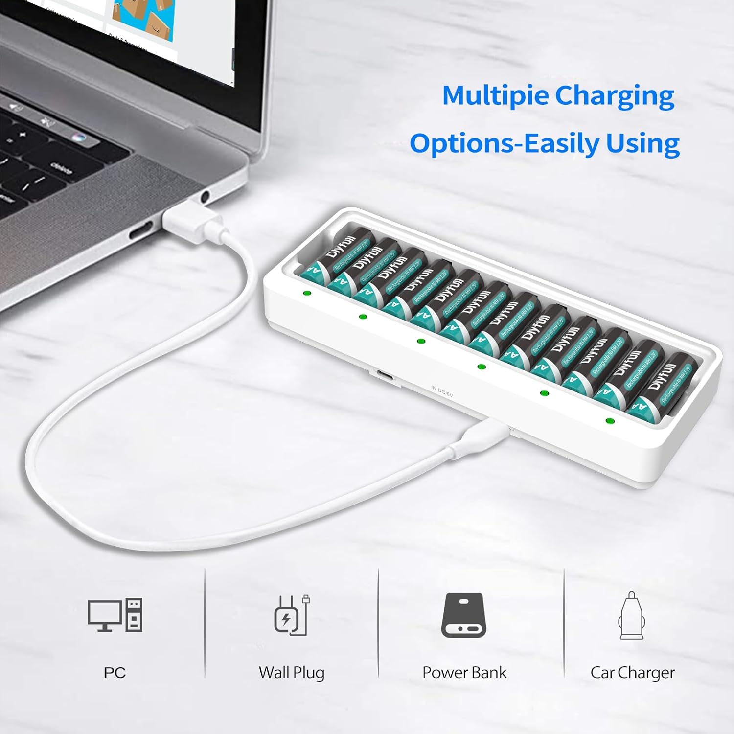 Dlyfull U12 charger connected to a laptop, showing various charging options like PC, wall plug, power bank, and car charger