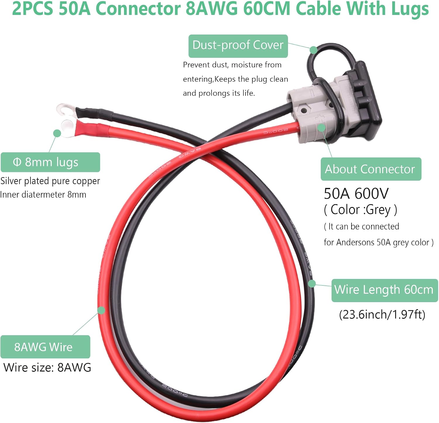60cm 50A 8AWG 8 Guage Cable Connector for Battery Plug Extension Cable Electric Forklift Battery Charging Cable Connector