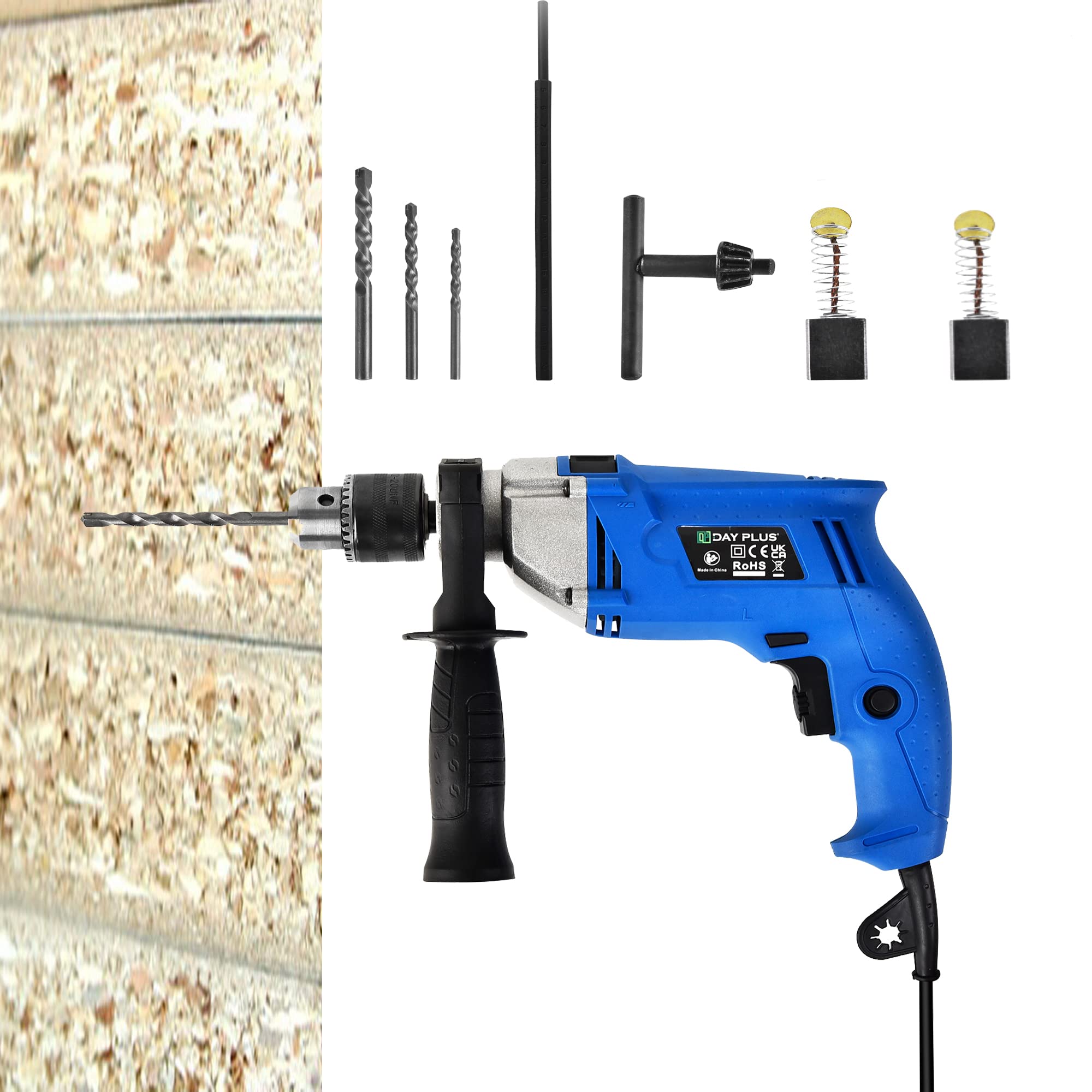 Hammer Drill Impact Drill Variable Speed 3000RPM Electric Corded Percussion Drill 8Pcs Set with Case for Drilling Wood Steel Concrete Masonry Brick