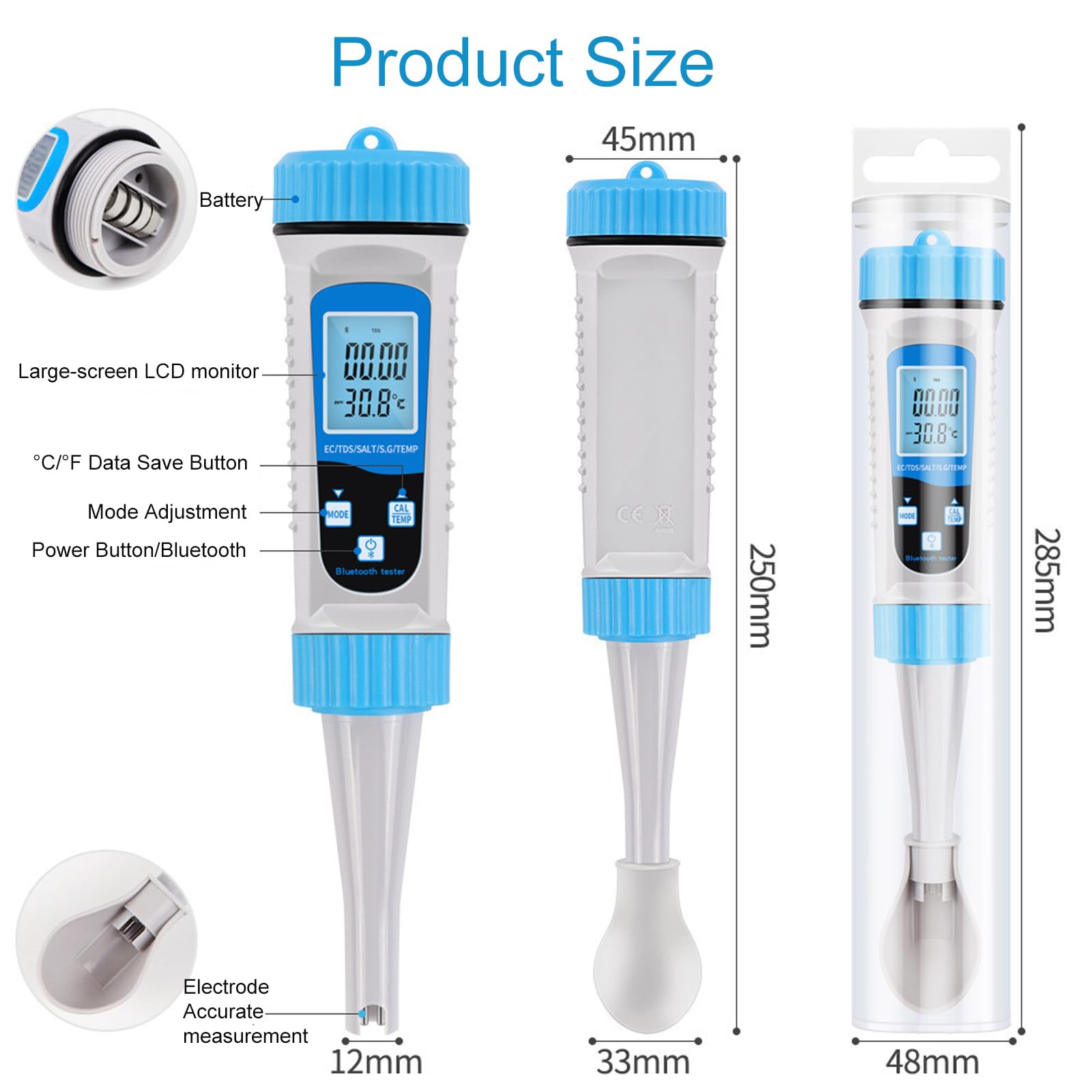 Misuratore EC, Tester Acqua Bluetooth, Misuratore Sale per Piscine | Tester acqua potabile digitale con APP, misura EC, TDS, Salinità, S.G e Temp, Analisi acqua per Acquari marini, Piscine e Spa