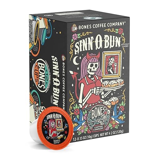 Bones Coffee Company Sinn-O-Bunn, Cinnamon Roll Flavored Coffee Pods, Low Acid Medium Roast Single-Serve Bones Cups, Compatible with 1.0 & 2.0 K-Cups Brewers Coffee Maker, 12 Count - Cinnamon Roll - 12 Count (Pack of 1)