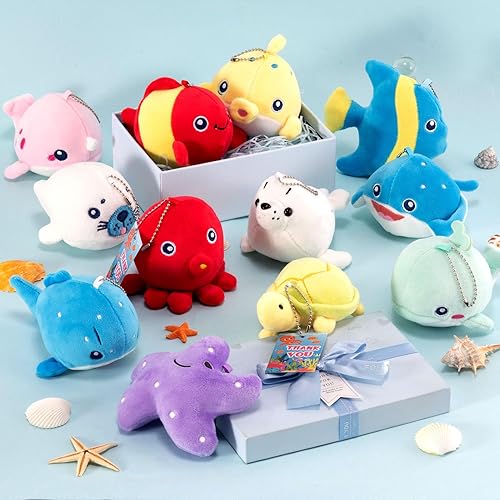 Miniatura 6 de Golray 12 piezas de mini animales de peluche oceánicos bajo el mar, recuerdo de fiesta de peluche para niños, juguetes a granel, llavero lindo