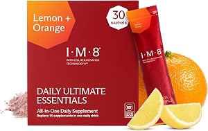 IM8 Polvo de Esenciales Diarios Ultimate, Limón y Naranja, 30 Sobres | Suplemento Multivitamínico Todo en Uno, 90 Nutrientes incluyendo CoQ10, Probióticos, Vitaminas y Verduras, Sin Gluten, Polvo Vegano 0.51 Onzas (Paquete de 30)