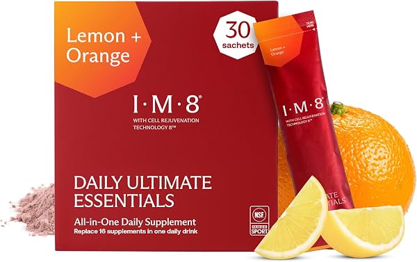 IM8 Polvo de Esenciales Diarios Ultimate, Limón y Naranja, 30 Sobres | Suplemento Multivitamínico Todo en Uno, 90 Nutrientes incluyendo CoQ10, Probióticos, Vitaminas y Verduras, Sin Gluten, Polvo Vegano 0.51 Onzas (Paquete de 30)