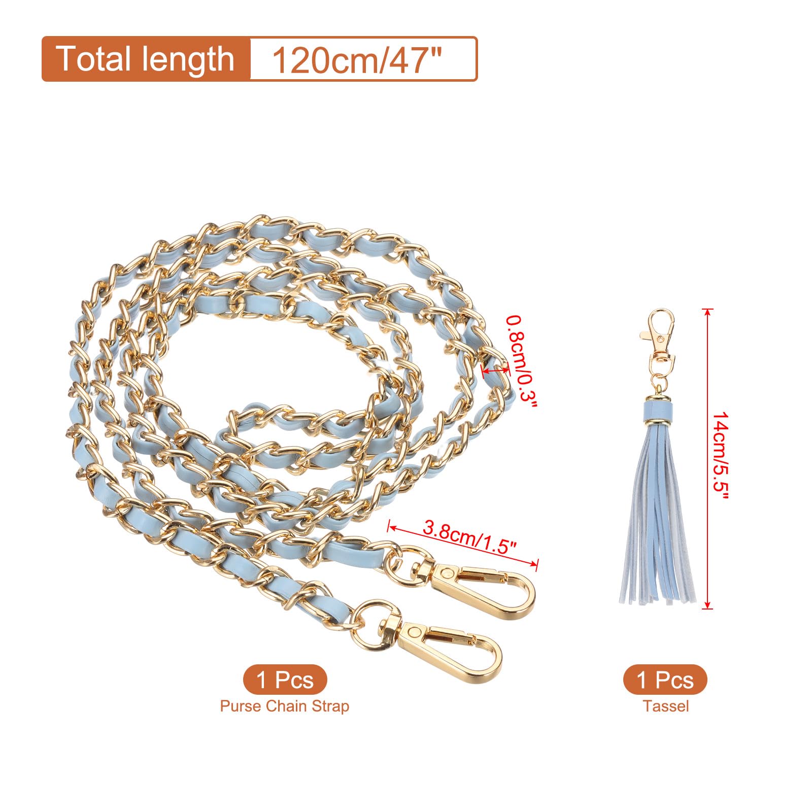 PATIKIL Purse Chain Strap, 47 Inch Leather Chain Purse Strap Replacement with Tassel for Crossbody Bag Handbag Woman Light Blue/Gold - Image 2