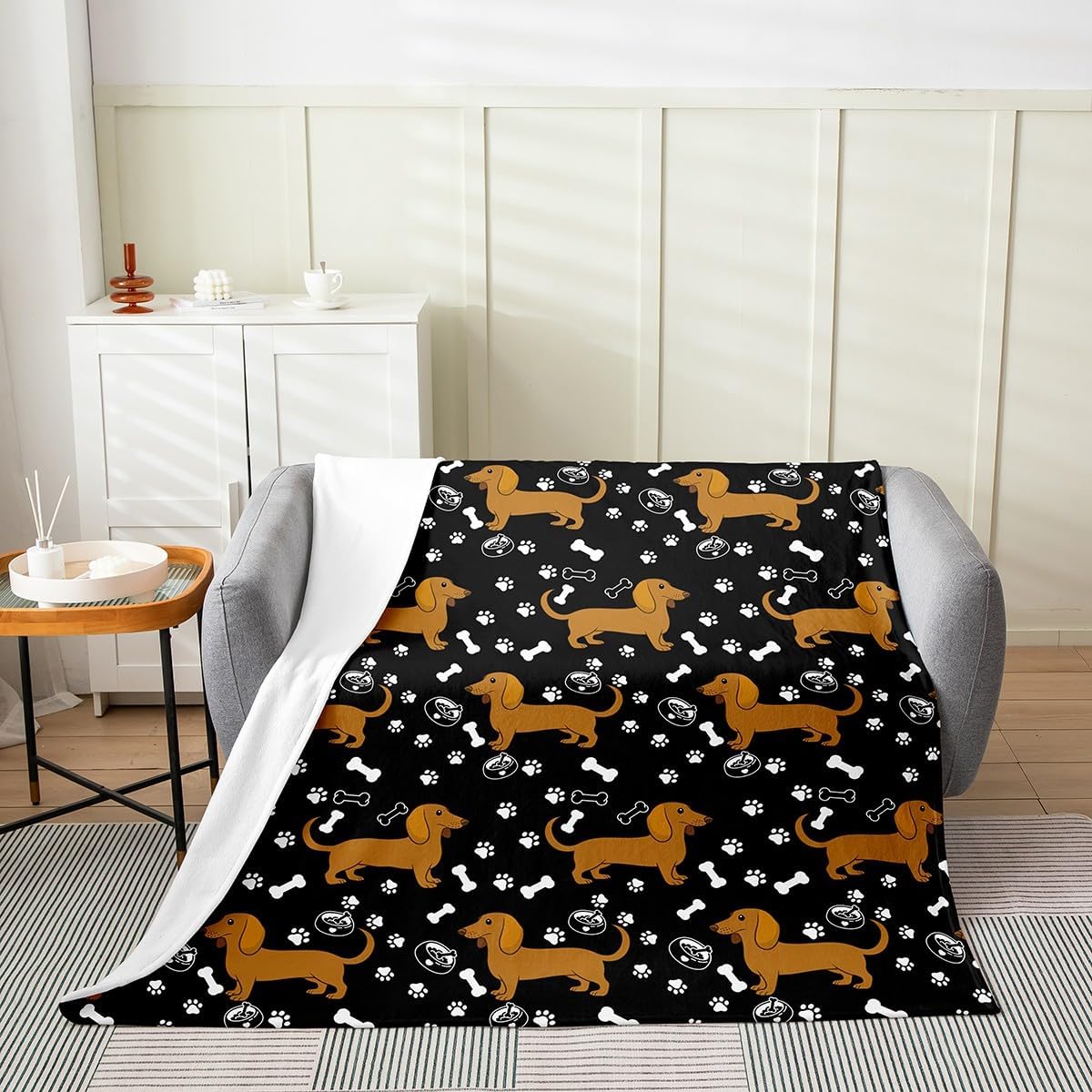 Cartoon Dachshund Kids Throw Blanket Black White Paw Print Bone Graffiti Flannel Blanket for Boys Girls Teens Cute Brown Puppy Pet Animal Fleece Blanket for Office Chairs Throw 50x60