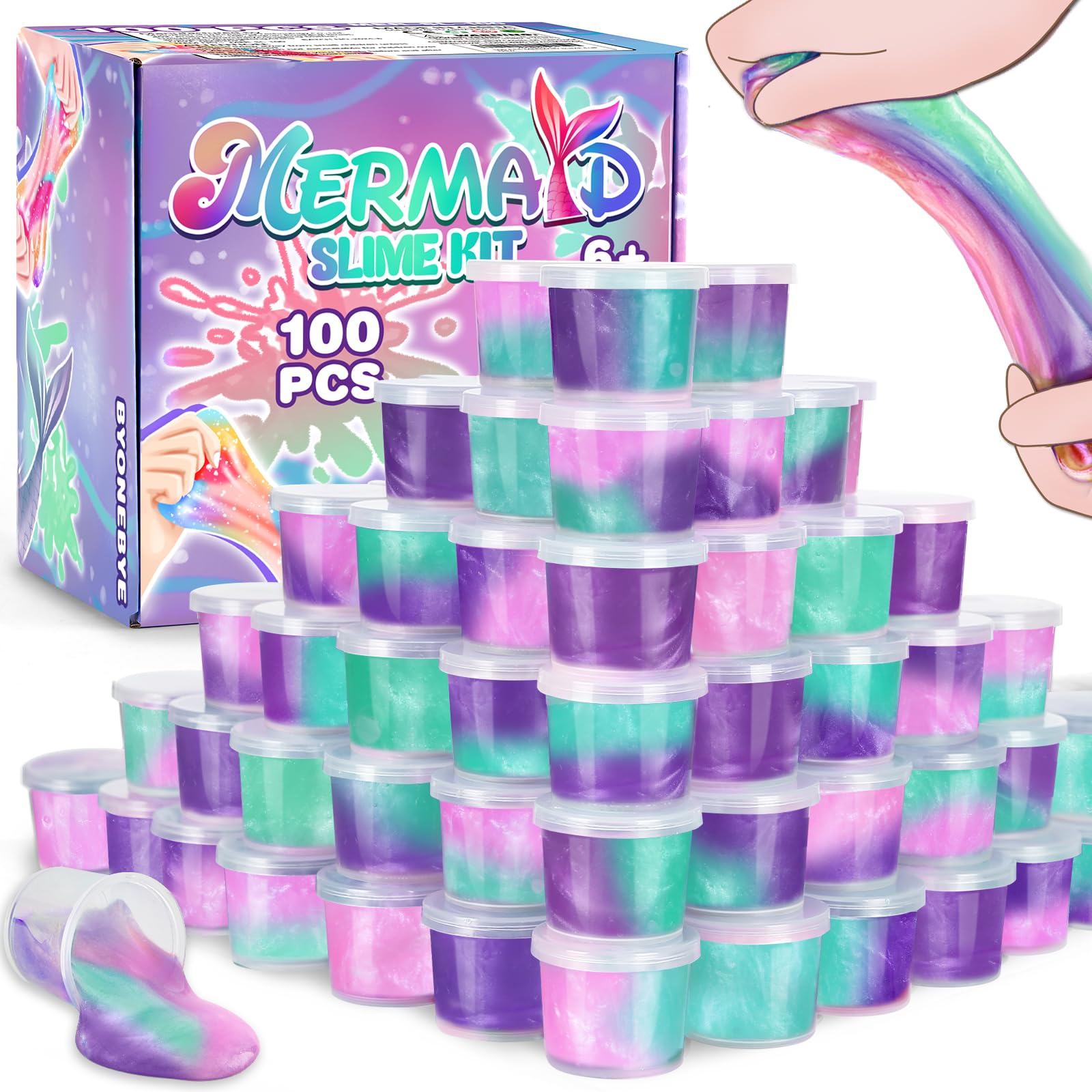 100 Pack Mermaid Slime Cup Bulk for Kids, Mermaid Theme Slime Party Supplies, Birthday Favors, Goodie Bag Treat, Basket Filler, Class Prizes for Girls Boys