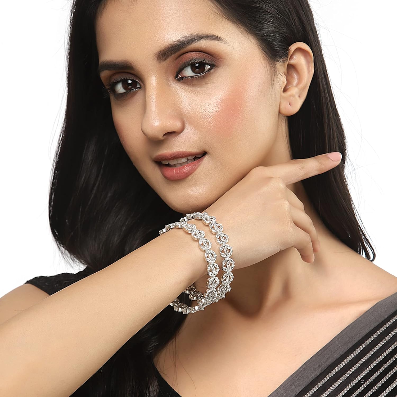 ZENEME Women's Rhodium-Plated Silver Toned White Floral American Diamond Studded Bangles Jewellery Set (Set of 2) image 4