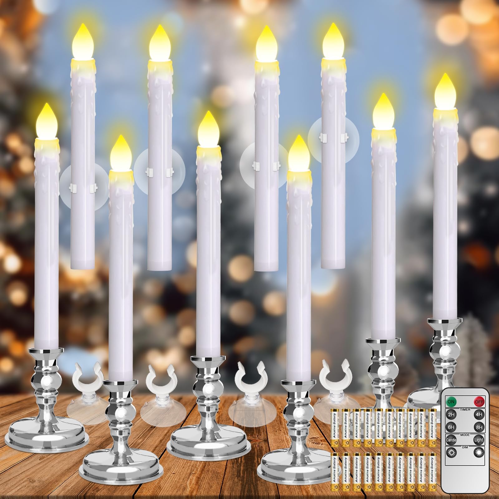 (Missing pieces)   Flameless Candles 10 Pack Battery Operated Window Candles with Drip Texture,Remote Timer,10 Removable Candle Holders,10 Suction Cups,20 AAA Batteries for Home Decor Christmas Wedding (Sliver)