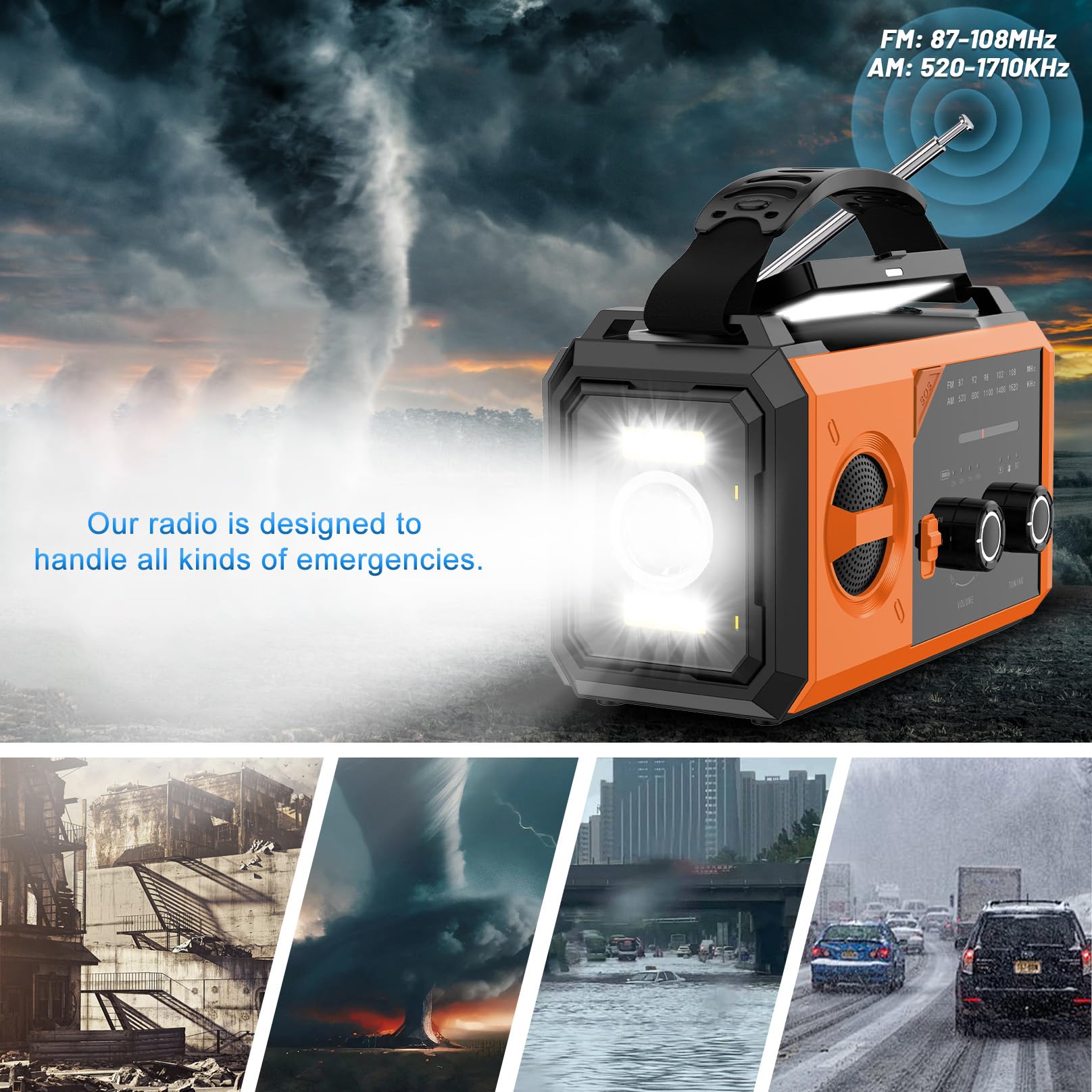 27000mAh Bluetooth Radio a Manovella, BIAOQINBO AM/FM Radio Solare 3 Metodi di Ricarica 8 in 1 Radio Portatile di Emergenza, SOS, Torcia, Bussola, Lampada da Lettura, Presa per Cuffi