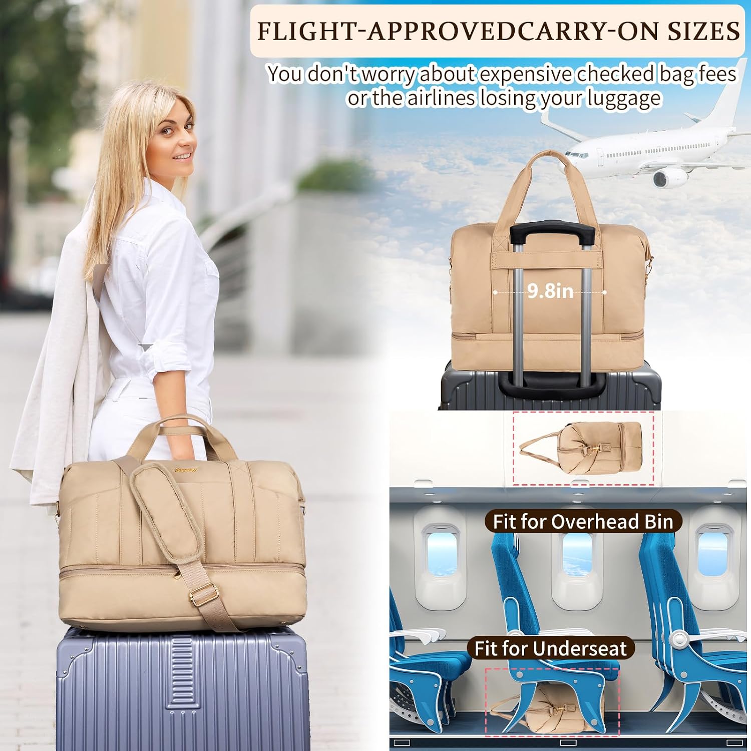Stuery Lightweight Puffer Gym Bag for Women: Small Carry on Tote Bag for Travel with Shoe Compartment & Wet Pocket, Overnight Weekender Duffel for Airplane Traveling Girls & Teens, Khaki