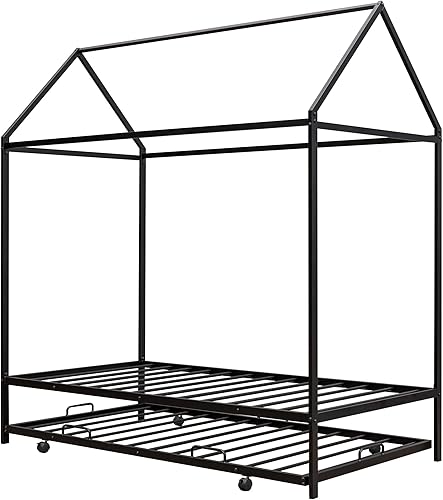 Miniatura 5 de Rhomtree Twin Size Metal Tent Bed House Bed Frame with Roof and Twin Size Trundle Solid  Sturdy Loft Bed Nursery Furniture Tent Bed with Pull-Out