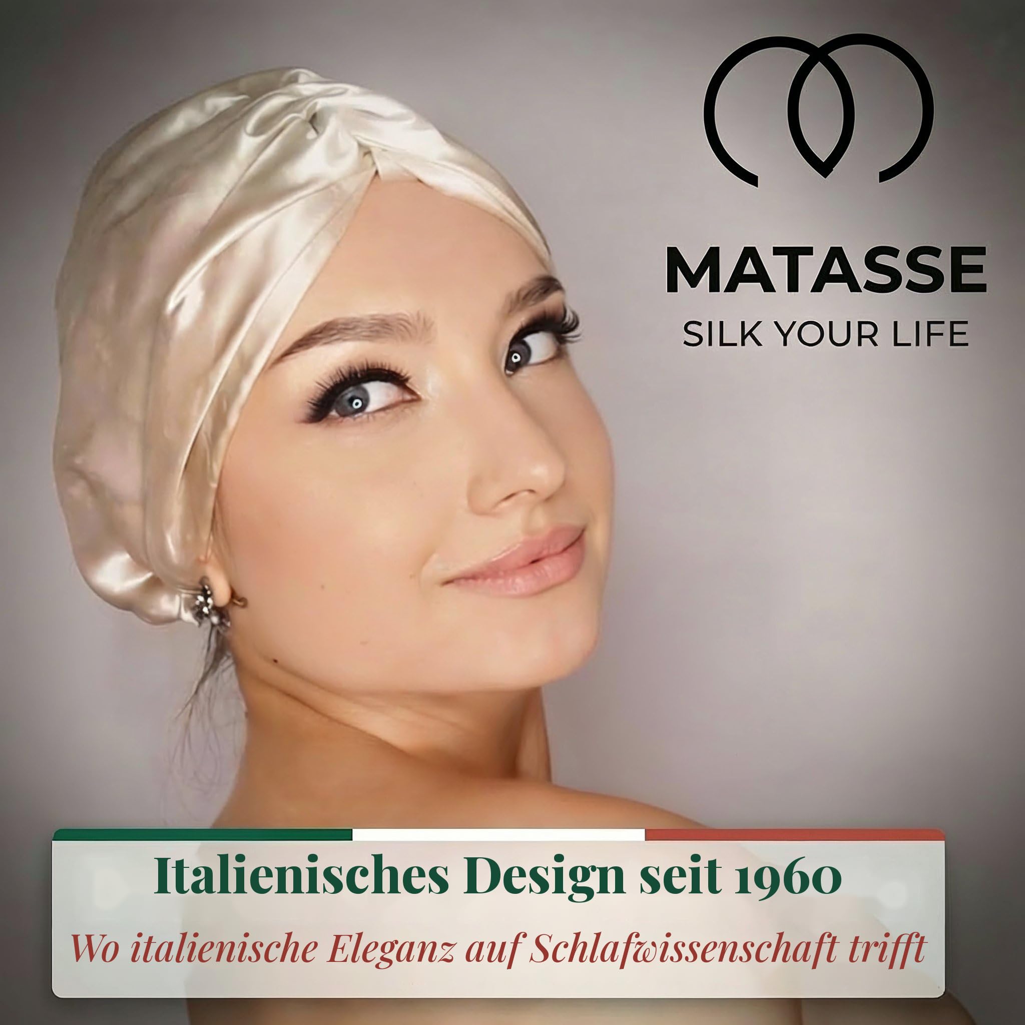 MATASSE Seidenhaube Zum Schlafen Aus 22 Momme Maulbeerseide, Verstellbares Bonnet Seide Für Damen, Doppellagige Schlafhaube Seide Atmungsaktiv Und Hypoallergen, Entworfen In Italien