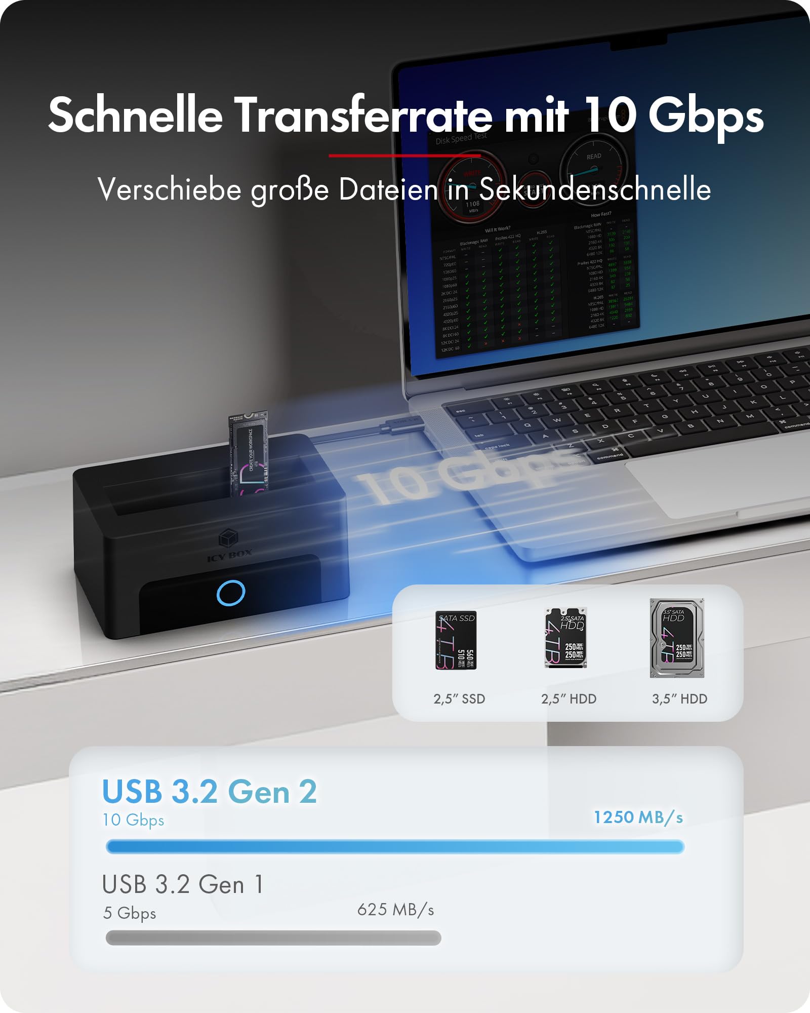 ICY Box Docking Station für M.2 NVMe & 2,5"/3,5" HDD/SSD, USB 3.2 Gen 2 Type-C (10 Gbps), HotSwap, UASP, SATA & NVMe Dock für SSD und Festplatten, IB-1123M-CU31, Spade Dock 1123