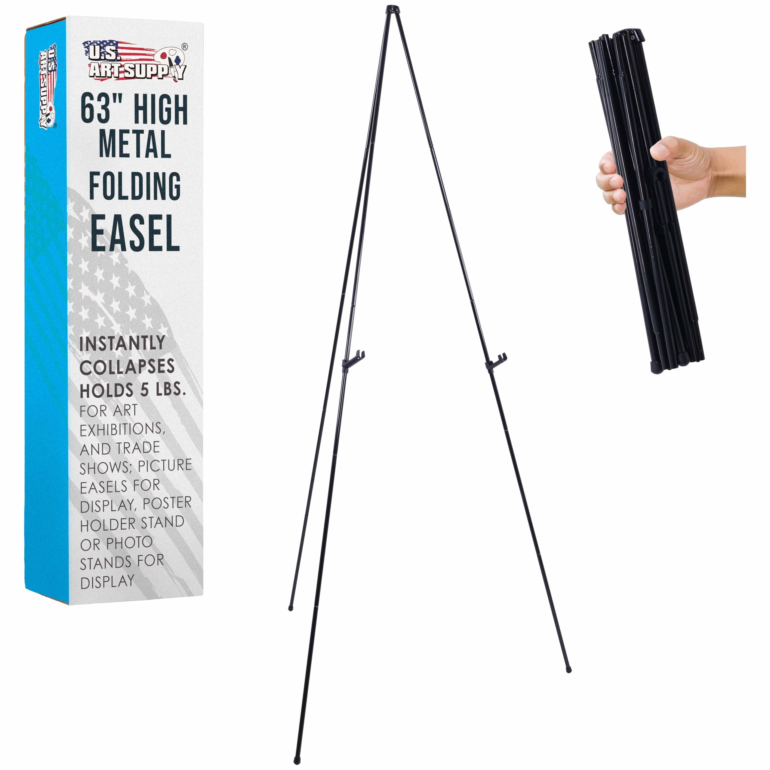 U.S. Art Supply 63" High Metal Folding Display Easel - Adjustable Height, Instantly Collapses, Holds 5 lbs - Portable Art Easel Stand - for Sign, Poster, Canvas, Painting, Picture Display
