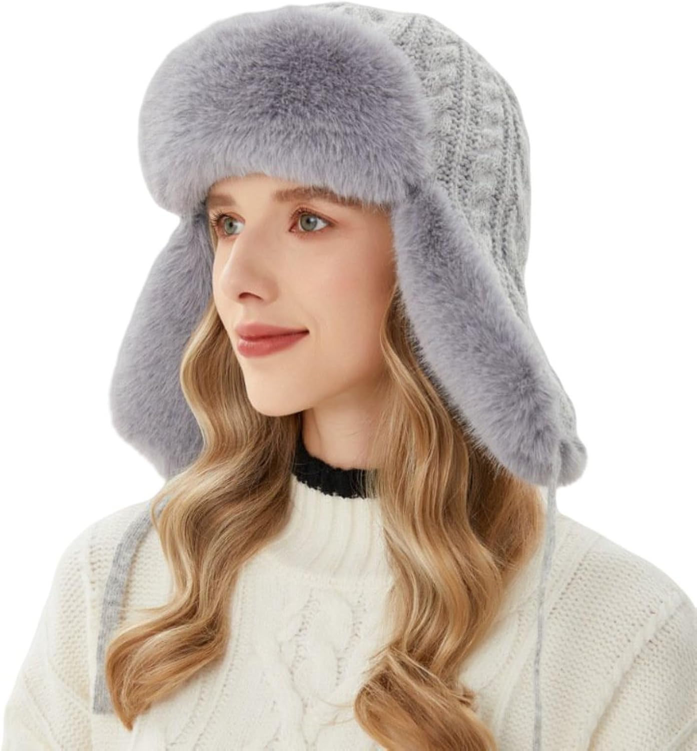Womens Winter Cozy Knitted Ushanka Russian Hat Thickened Faux Fur Trapper Hat Windproof Ear Flaps Hunting Hat