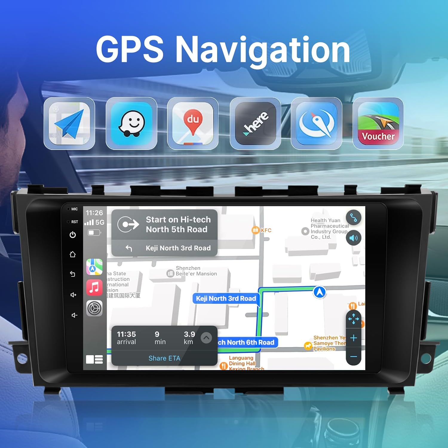 Screenshot of the Leadfan Carplay Radio display showing GPS navigation with various map applications.