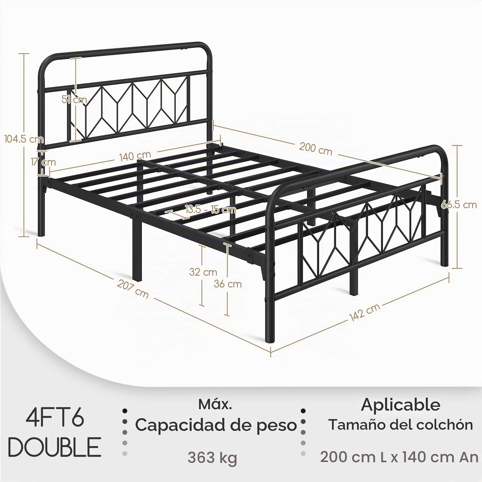 Yaheetech Marco de Cama Doble Matrimonial Adecuado para Colchón de 140x200 cm Estructura Metálica de Cama con Espacio Almacenamiento Estilo Moderno Industrial Negro