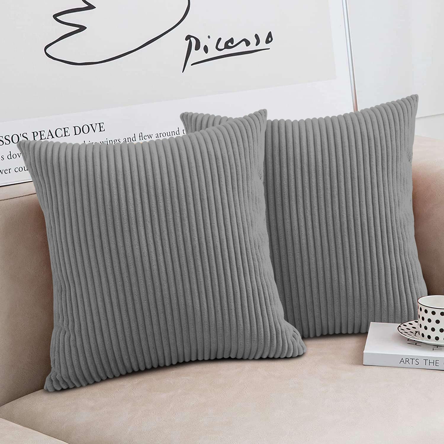 Moonlight Bedding Silver Corduroy Cushions With Covers Included Pack Of 2 (2 Covers, 2 Inserts) 45 X 45 Cm Decorative Stripe Throw Pillow Cases With Invisible Zipper For Living Room Bed Sofa