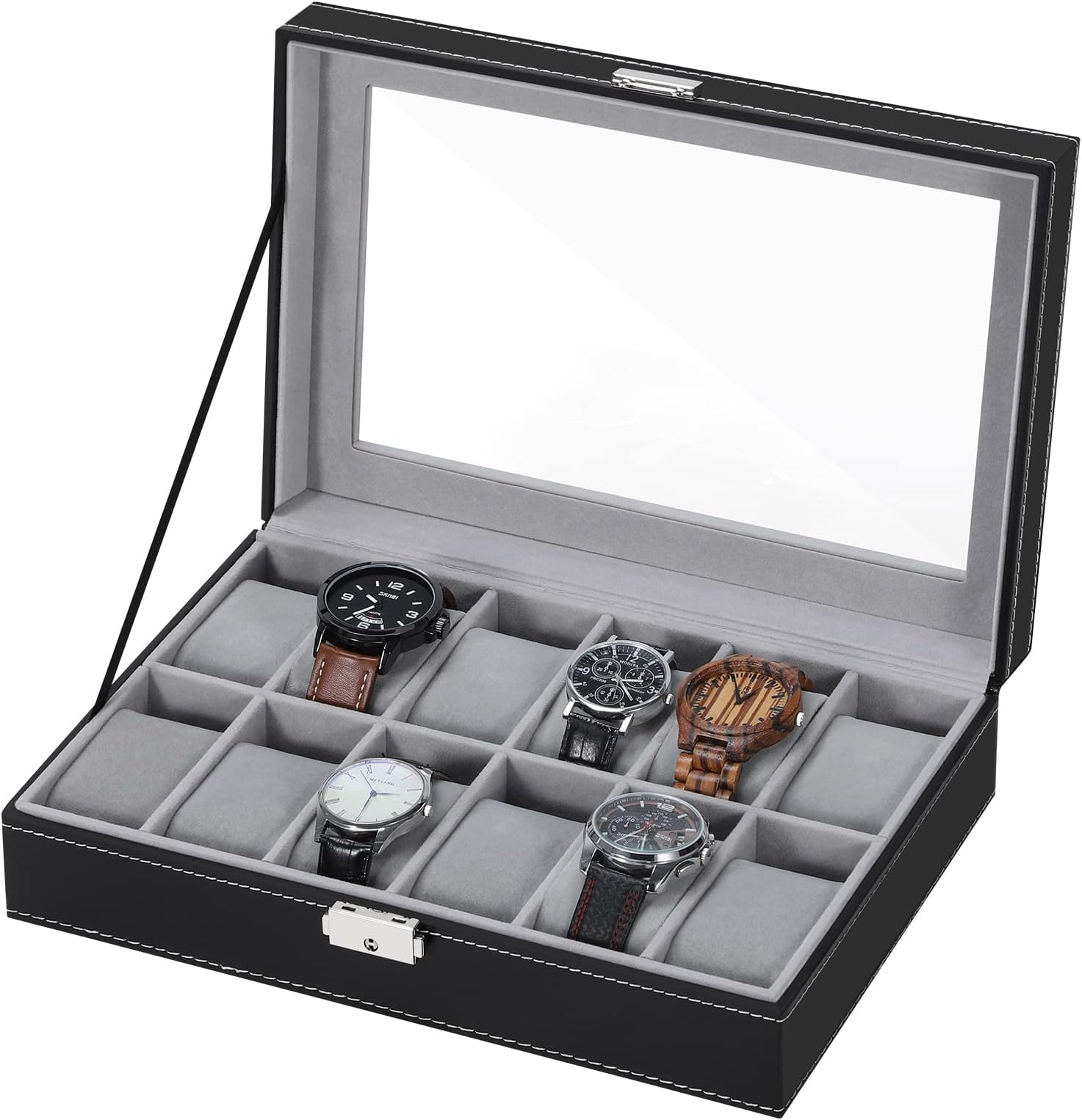 Storage Box for Watches in Faux Leather, Wood Grain, and Real Glass Amazon.de Fashion