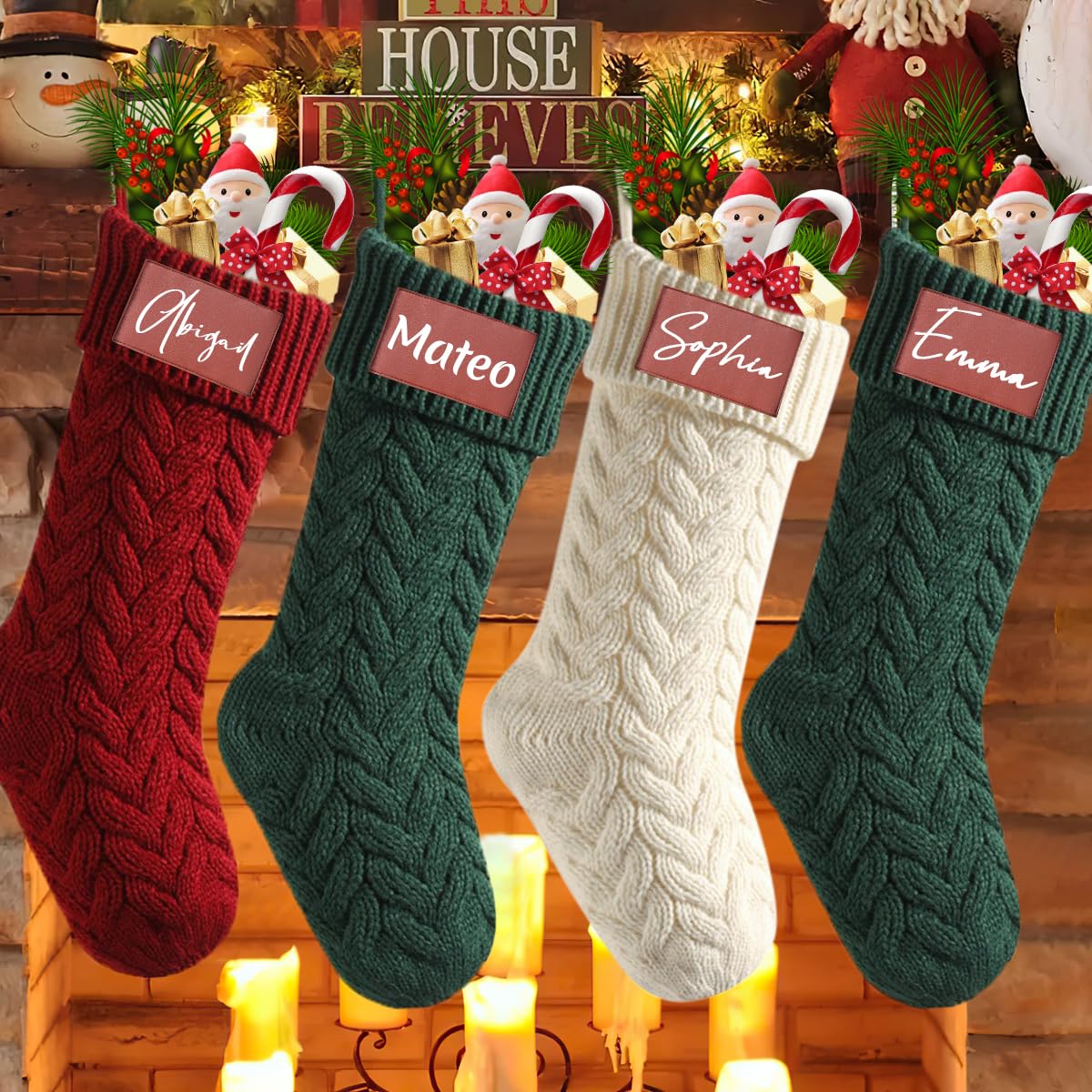 Novgarden Personalized Christmas Stocking with Name, 18”Large Knitted Christmas Stocking, Red Xmas Fireplace Hanging Stockings for Christmas Decorations(Ivory,Burgundy,Green)