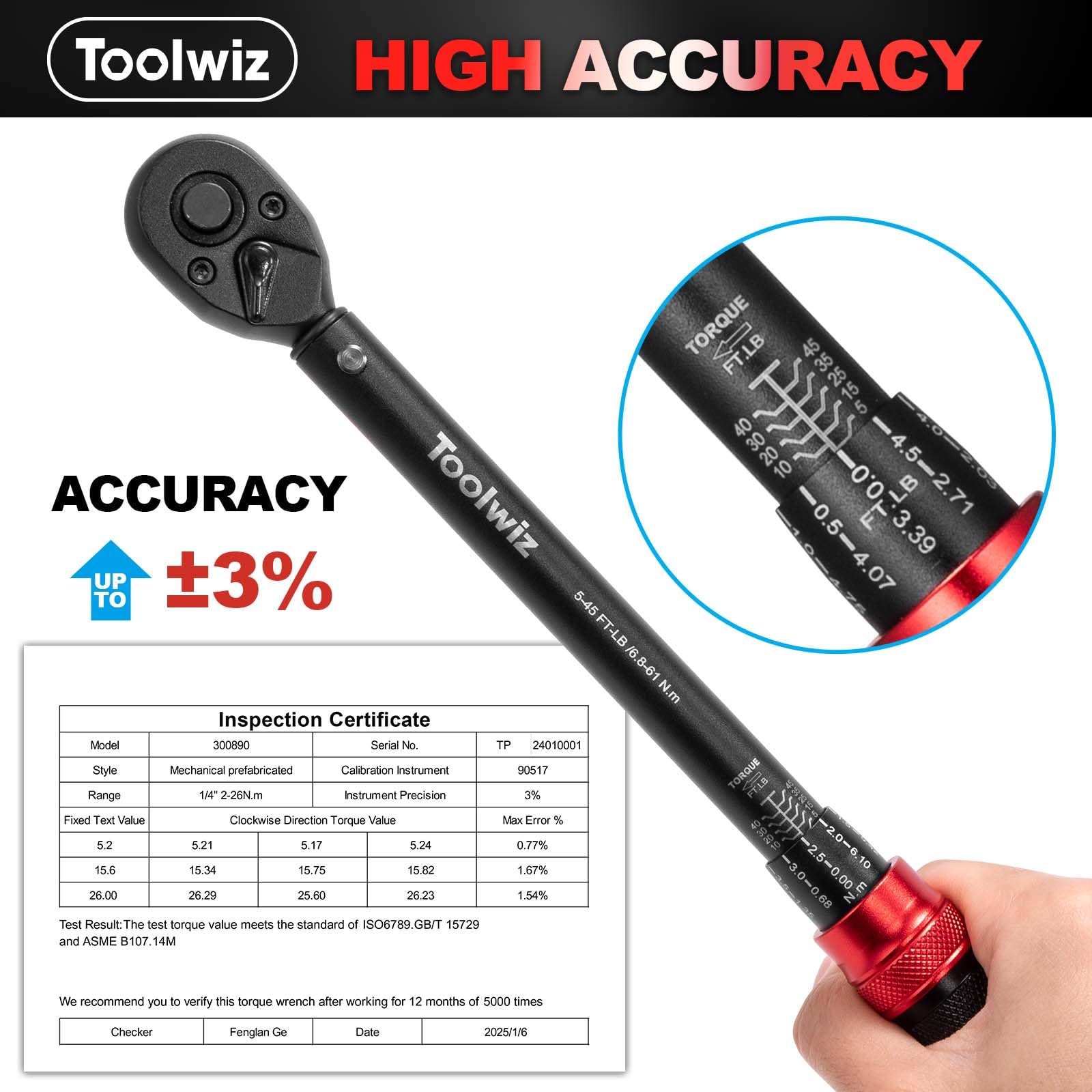 Toolwiz Llave Dinamométrica de 3/8", 6.8-61 Nm/5-45 Ft-Lb Llave de Torque, Precisión ±3%, Cabezal Reversible de 72T Llave Dinamométrica para Coche, Camión, Moto