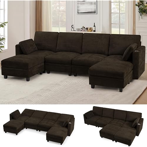 110 Inches Chenille U-Shape Sofa w/& Adjustable Backrests, Brown | Upholstery 4-Seats Sofa w/Two Storage Ottomans & Cup Holders, Sectional Couch w/USB & Type-C Charging Ports for Living Room