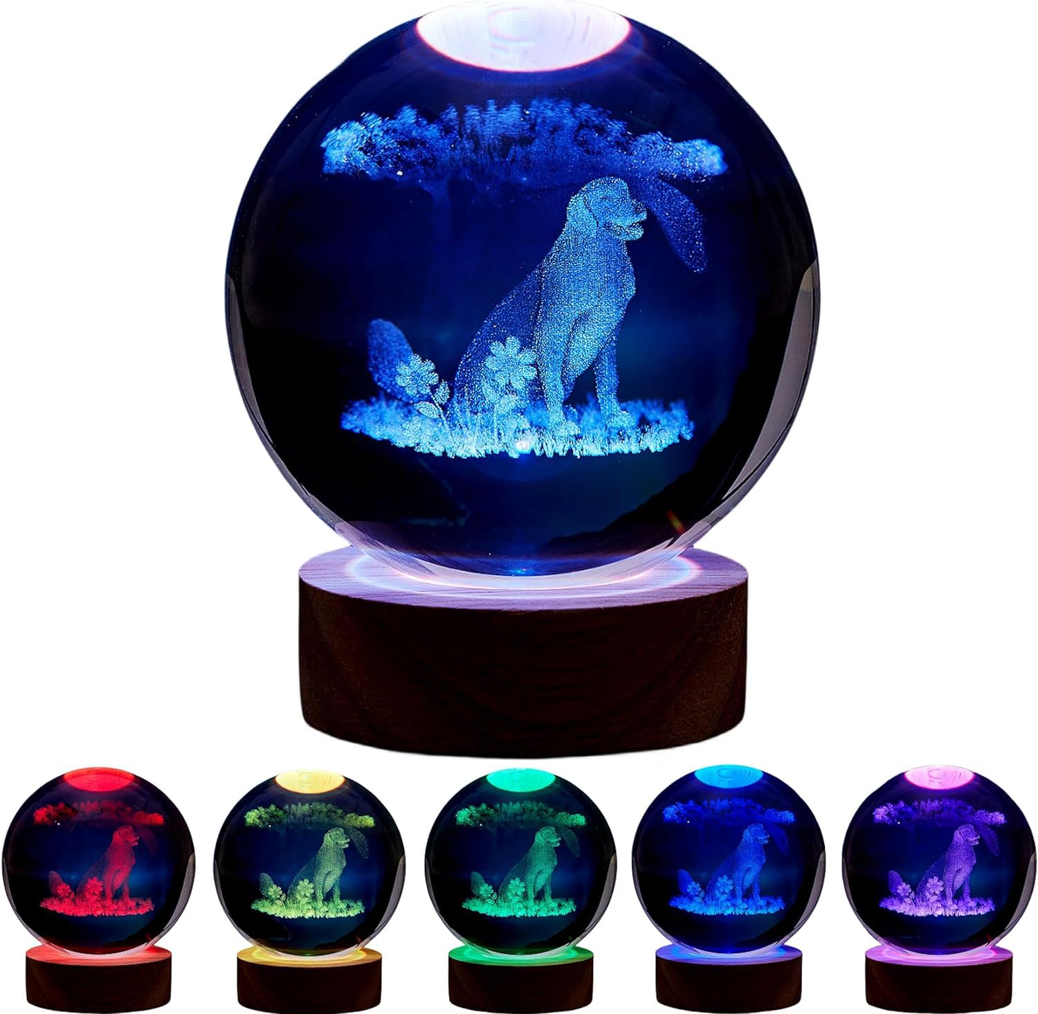 YY YITIKA Crystal Ball Night Light, 3D Animal Models Night Light, USB Powered, Wooden Base, Birthday Christmas and Others Dream Decoration Gift (Dog)