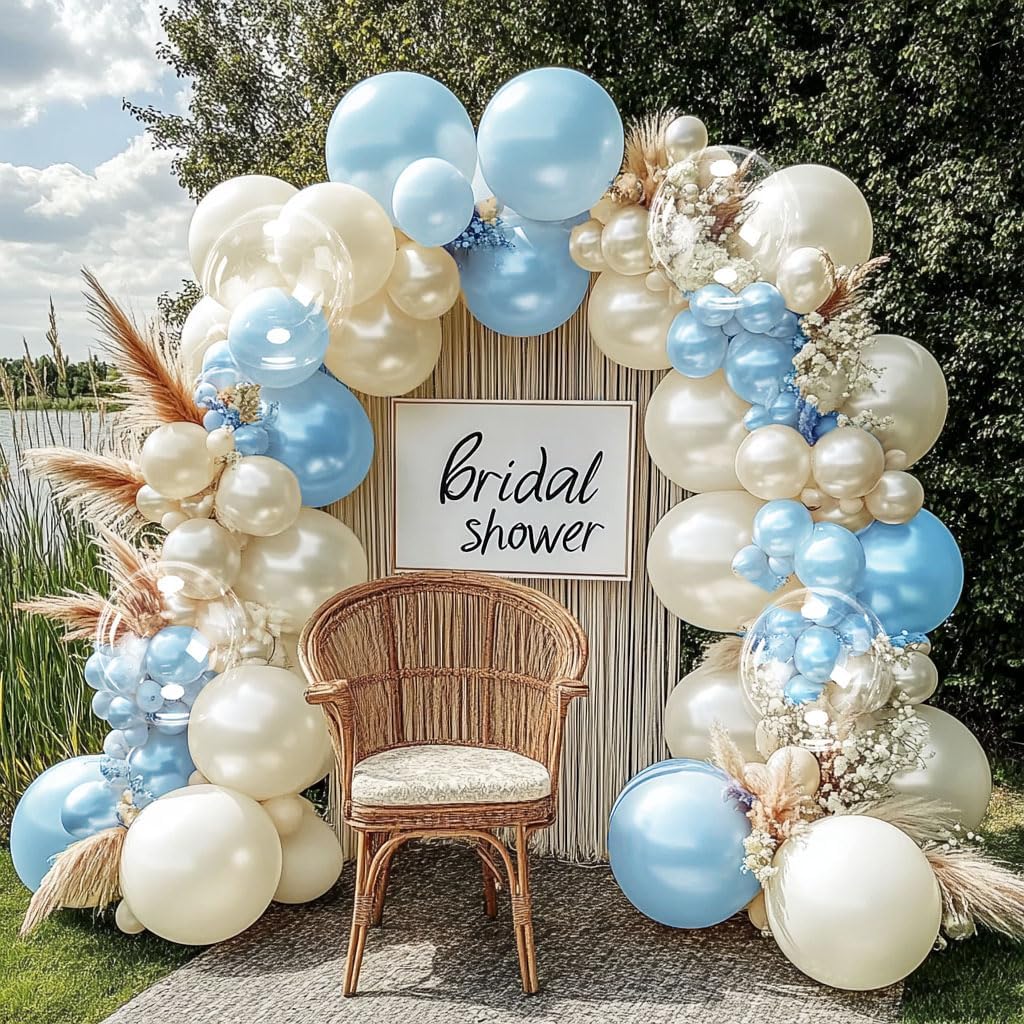Pearl Blue White Balloon Garland Double Stuffed Baby Blue White Sand Balloon Arch Kit Different Sizes With Clear Bobo Balloon for Birthday Baby Shower Anniversary Wedding Party decor