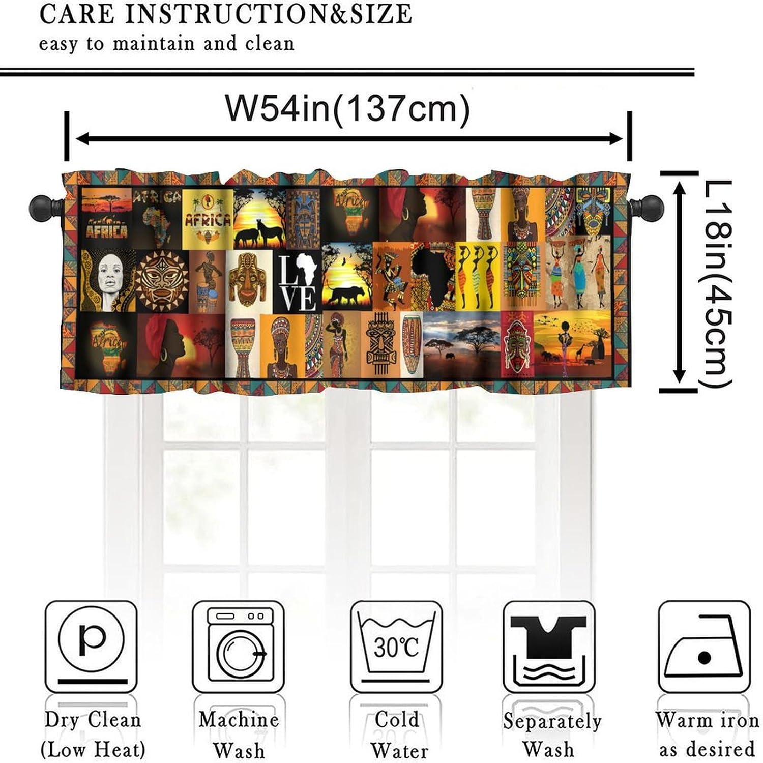 African Valance Curtains, African Ethnic Style Black Girl Africa Native Totem Elephant Giraffe Lion Traditional Window Curtain Valances for Kitchen Dinning Living Room 54x18inch