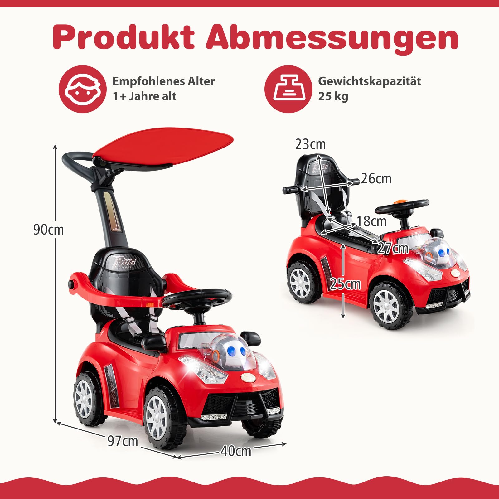 COSTWAY 3-in-1 Rutschauto mit Schiebestange, Rutschfahrzeug mit Hupe, Musik, Licht & Sicherheitsgurt, Schiebauto mit Stauraum, abnehmbarem Schutzbügel, Rutscher Auto für Kinder ab 1 Jahr (Rot)