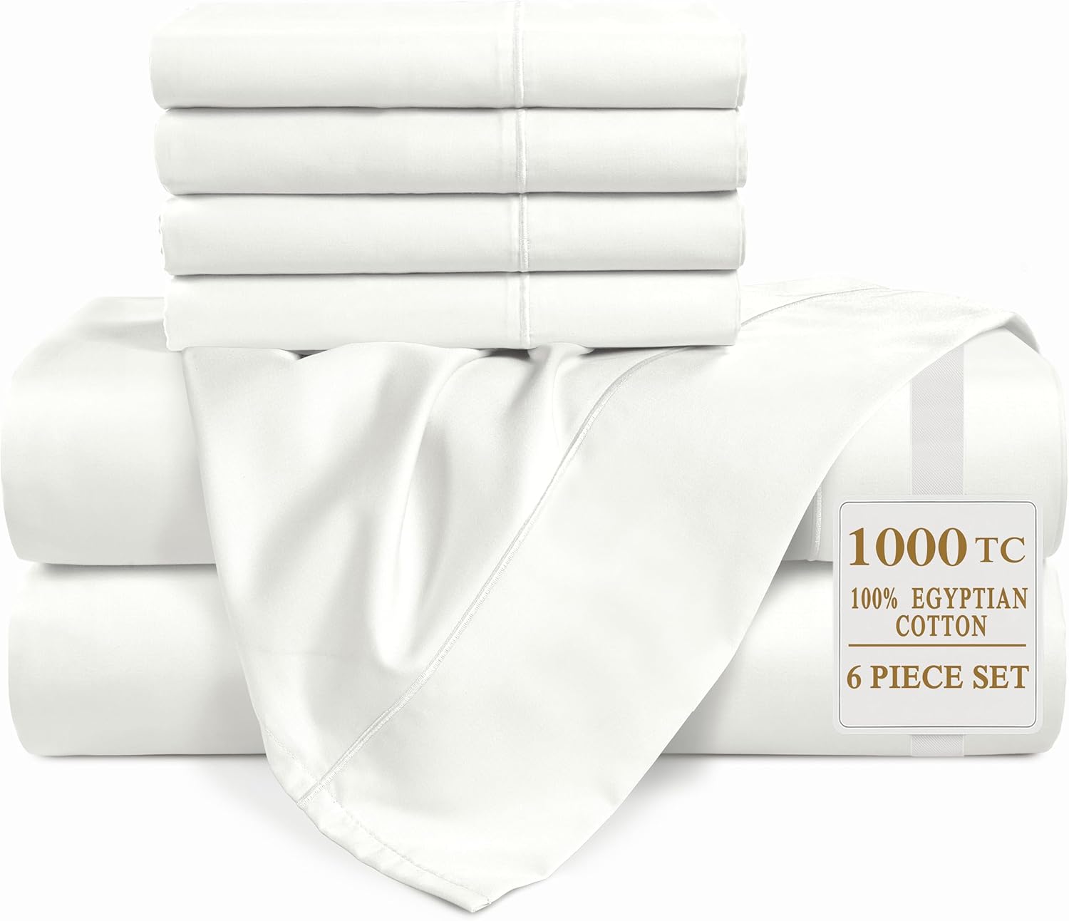 Casa Platino 100% Egyptian Cotton Sheets Full Size Set - 6 Pcs (1 Flat, 1 Fitted, 4 Pillowcases) - 1000 Thread Count - Ultra Smooth Sateen Weave Bed Sheets with 15" Deep Pockets - Pure White Sheet Set