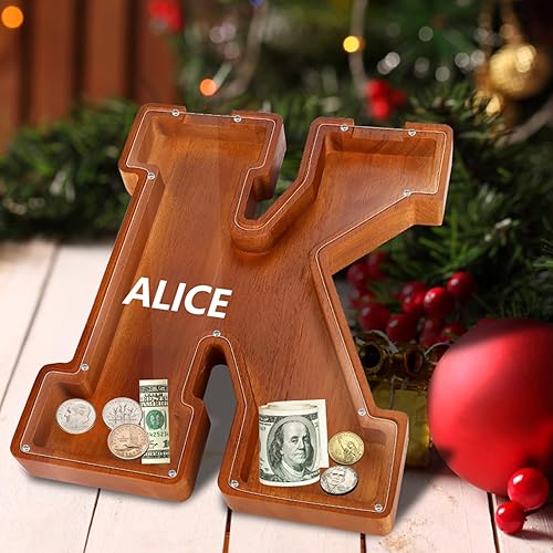 Miniatura 4 de UBeesize Alcancía de madera extra grande de 12 pulgadas, alcancía de letras para niños y niñas, banco de monedas para niños, Navidad, cumpleaños,