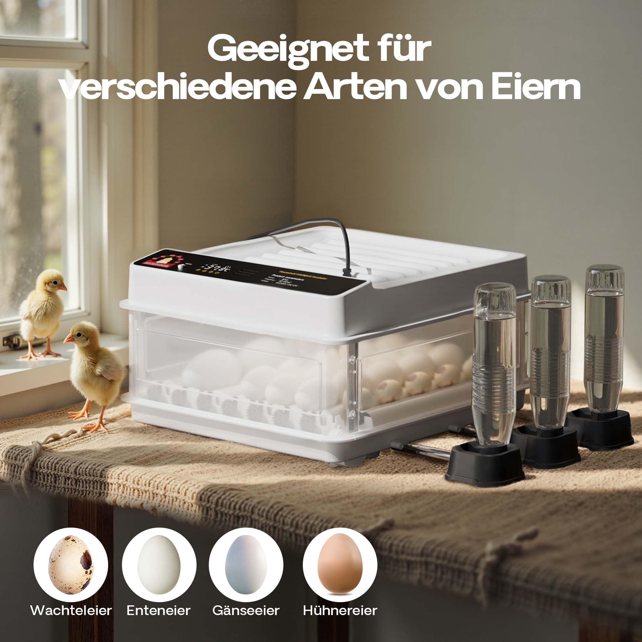 Wiltec Incubadora automática para 36 huevos 45 W con giro automático, control de temperatura y humedad, lámpara ovoscopio y conexión a energía de emergencia, ideal para gallinas, patos y codornices