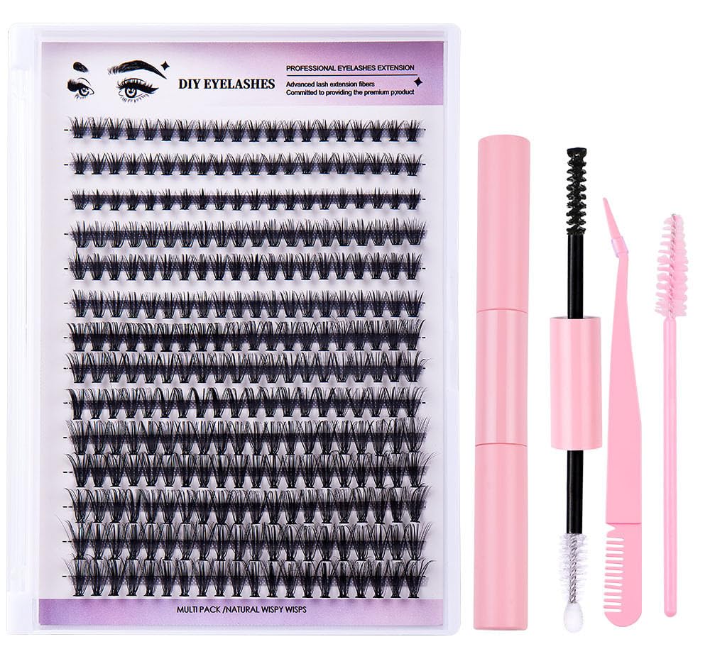 Granpay Fluffy Lash Clusters Thick Eyelash Clusters D Curl Wispy Individual Lashes 8-16mm Cluster Eyelash Extensions 280pcs False Mink Eyelashes DIY Flat Lash Extension With tools