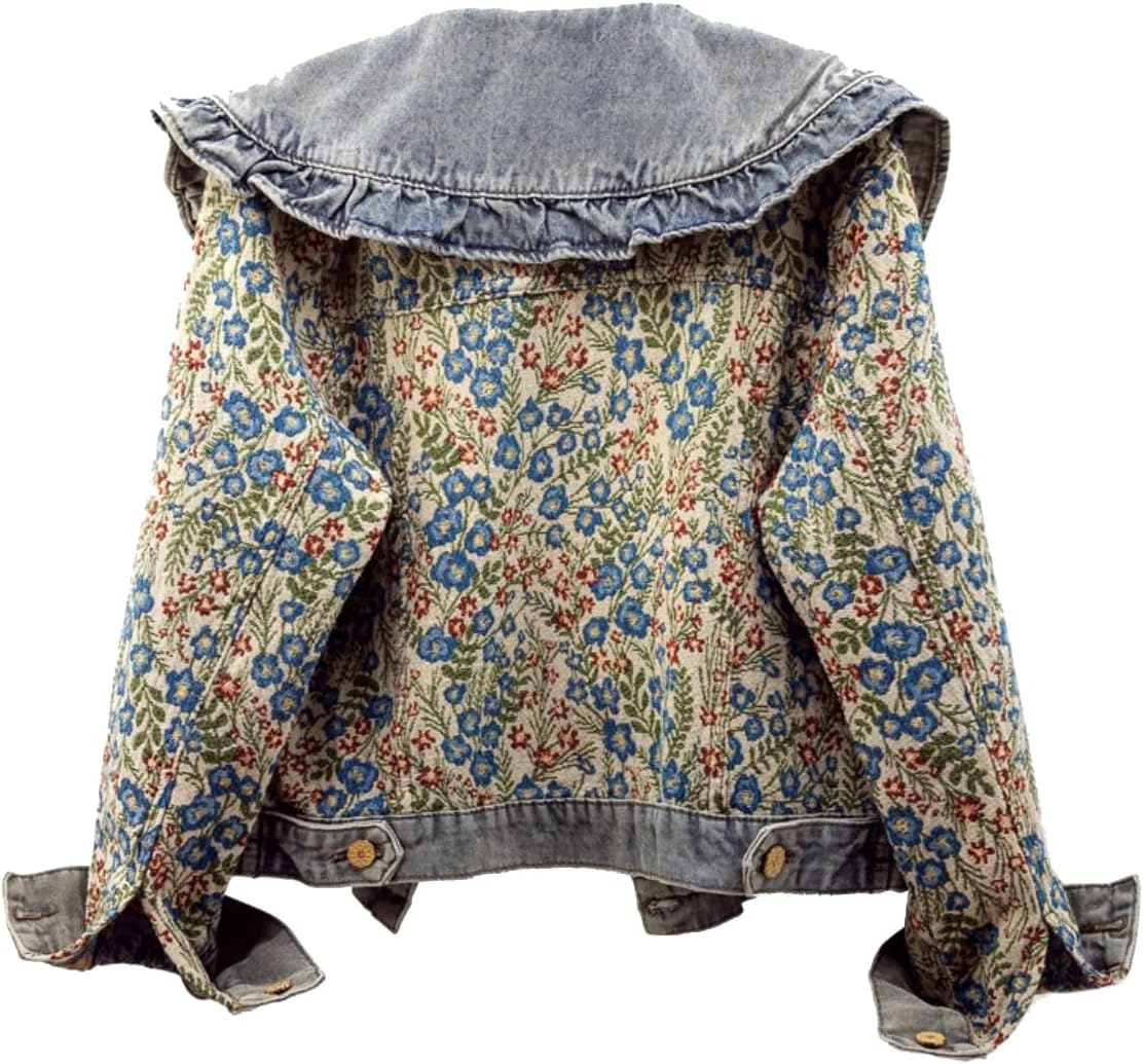 happlan Women's Trendy Long Sleeve Jacquard Denim Jacket with Floral Embroidery