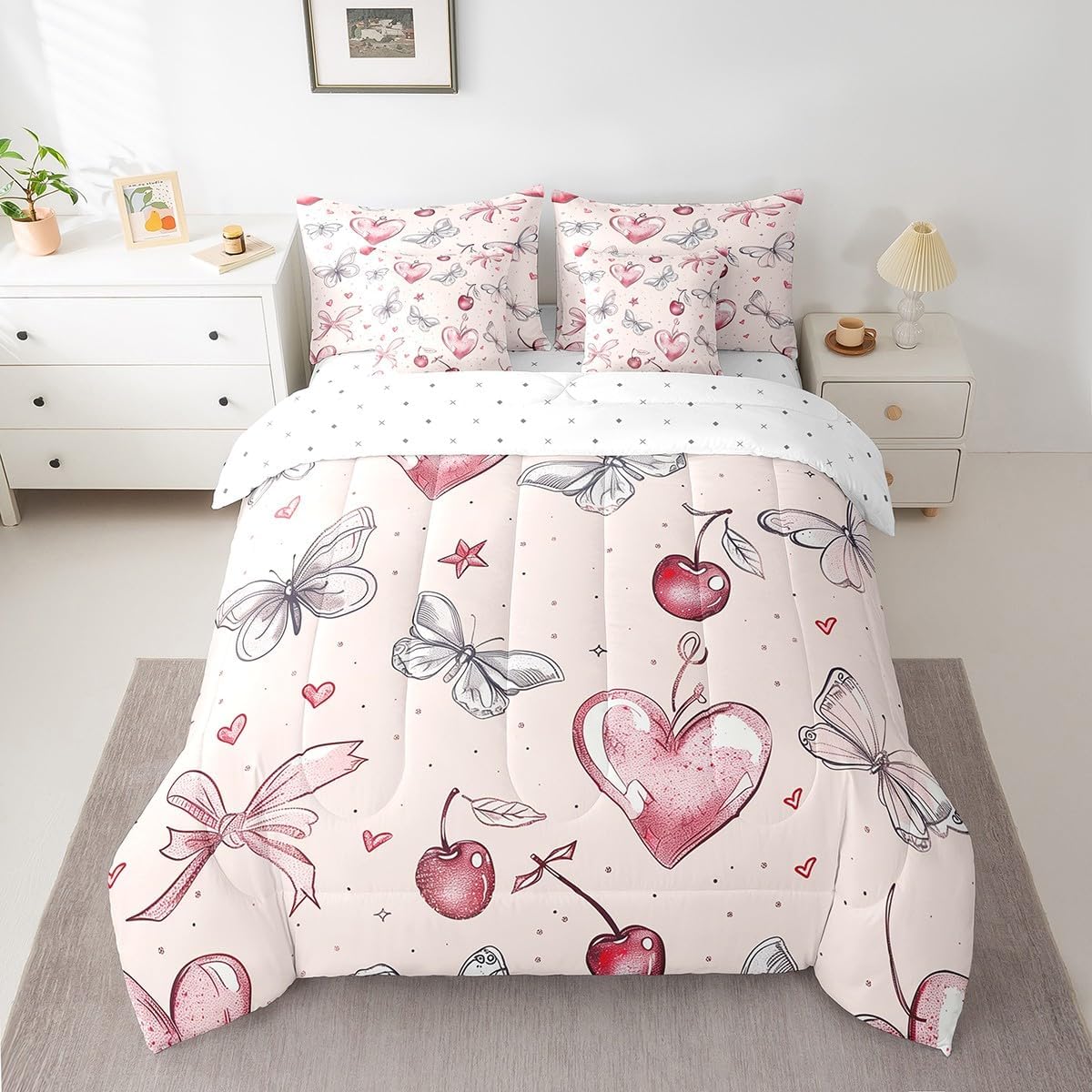 Manfei 7 Pieces Hot Pink Lips Comforter Set King Size, Pink Bowknot Bedding Set for Kids Girls Women, Watercolor Bow Lips Flower Bed in a Bag with Comforter, Fitted Sheet, Top Sheet and Pillowcases