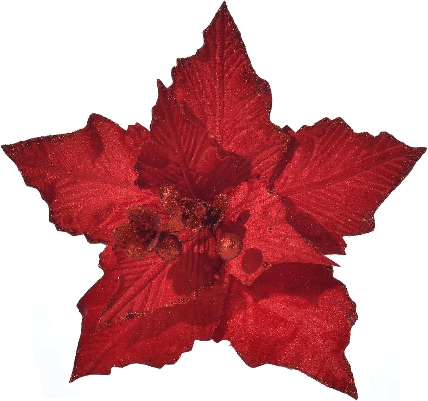 Christmas Poinsettia 10pcs 10-Inch Large Christmas Flowers Picks Spray Artificial Velvet Glitter Flower Ornaments for Christmas Tree Wreath Garland Decoration (Dark Red)