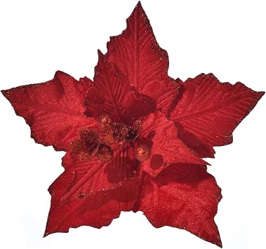 Christmas Poinsettia 10pcs 10-Inch Large Christmas Flowers Picks Spray Artificial Velvet Glitter Flower Ornaments for Christmas Tree Wreath Garland Decoration Dark Red