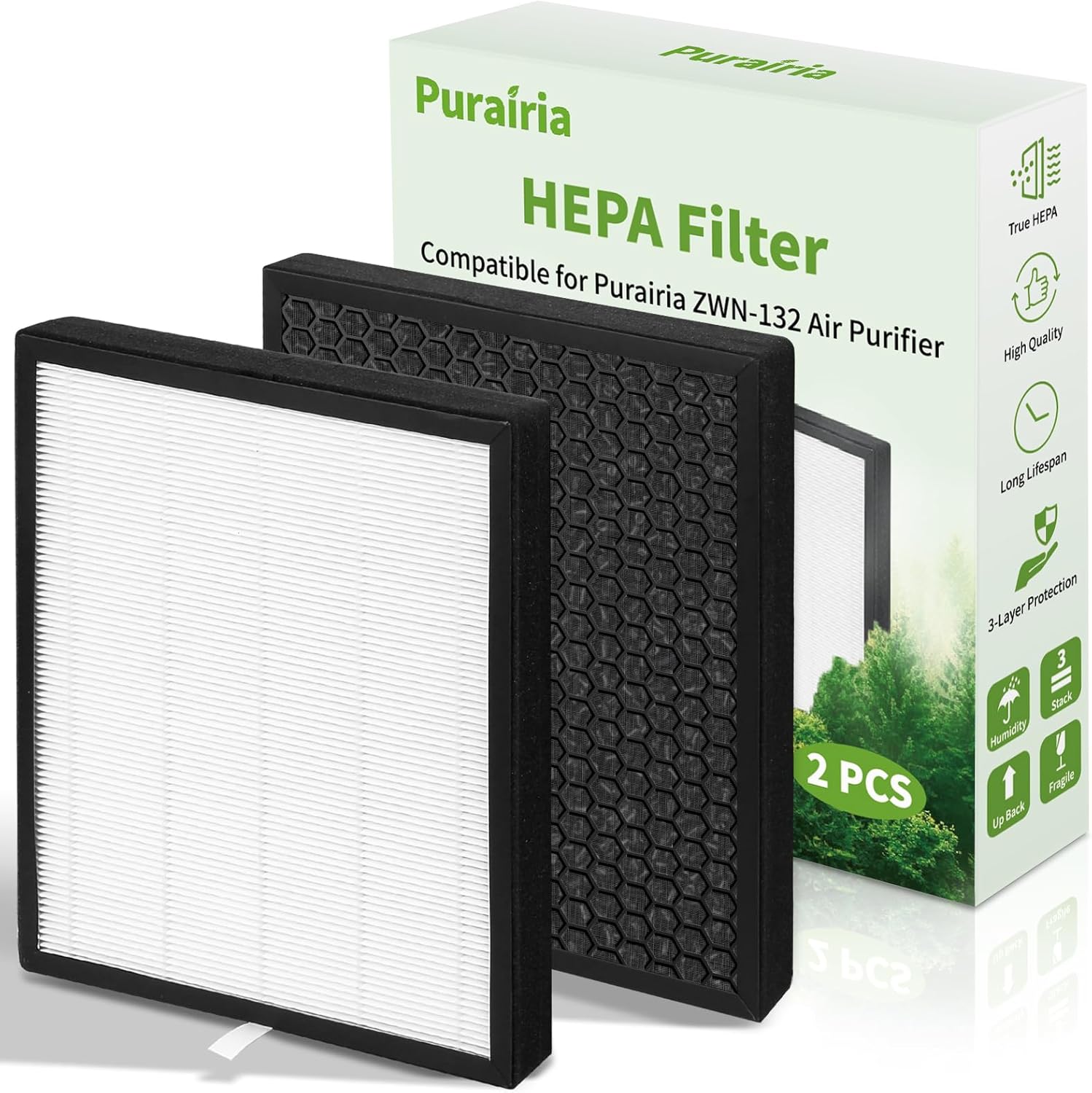 Air Purifier Filter Replacement for ZWN-132, H13 Ture HEPA Air Filter with Activated Carbon Filters Easy to Install for Smoke Pollen Dander Hair Smell (2 Pack)