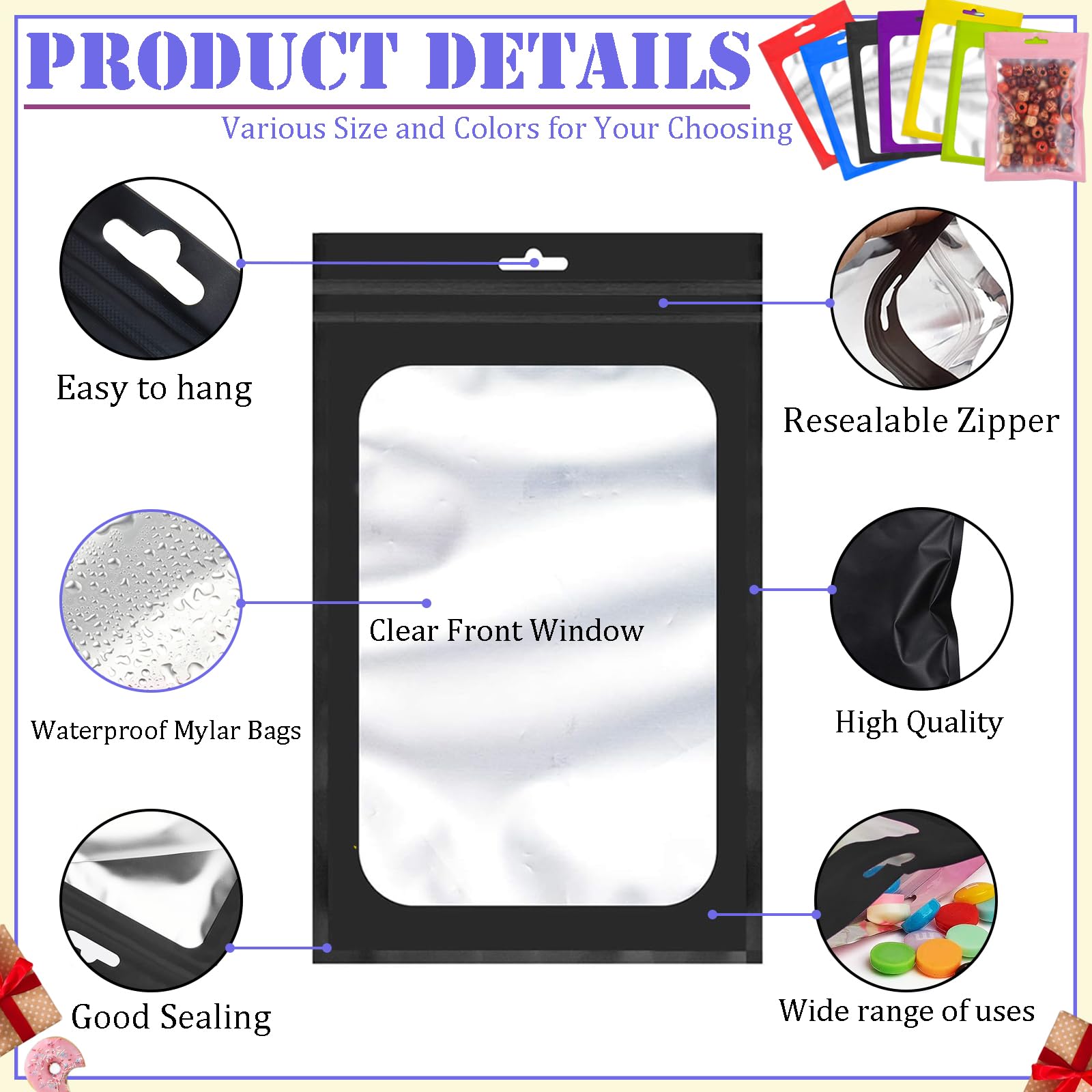 Lot De 110 Sachets Mylar Holographiques Noirs - Sacs Refermables Anti-Odeur Pour Cadeaux, Bijoux, Aliments
