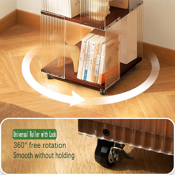 360 Acrylic Rotating Bookshelf Tower with Wheels for Home (Tawny,5-Tier) | Acrylic+Bamboo|For Bedroom, Living Room | Holds Books, Toys, Stationery