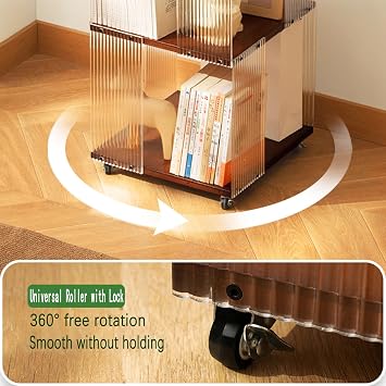 360 Acrylic Rotating Bookshelf Tower with Wheels for Home (Tawny,5-Tier) | Acrylic+Bamboo|For Bedroom, Living Room | Holds Books, Toys, Stationery