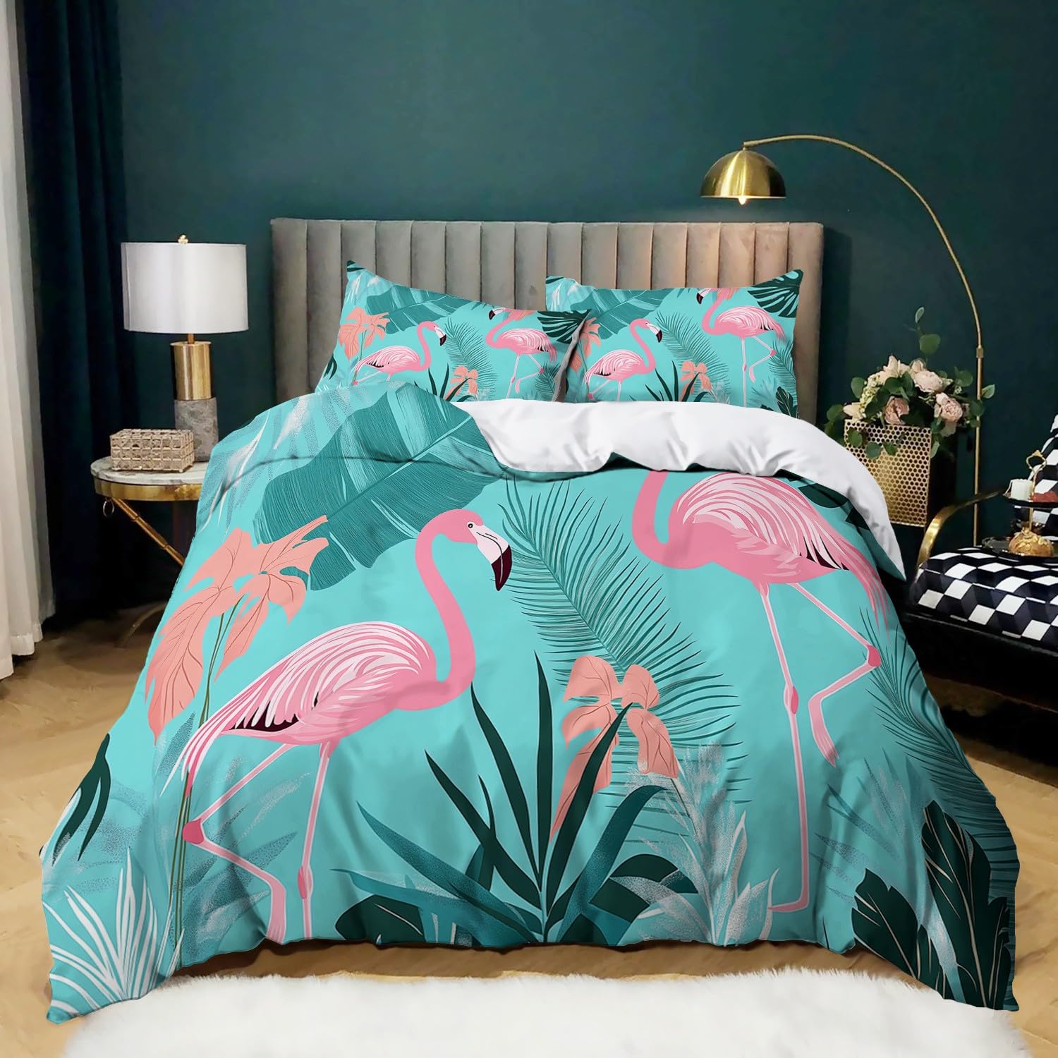 Funda Nordica Cama 90 de 3 Piezas Plantas Tropicales y flamencos Juego de Funda Nordica 150x200 cm Suave Transpirable y 2 x Fundas de Almohada de 50x75 para Ropa de Cama Infantil Niño Chico Niña
