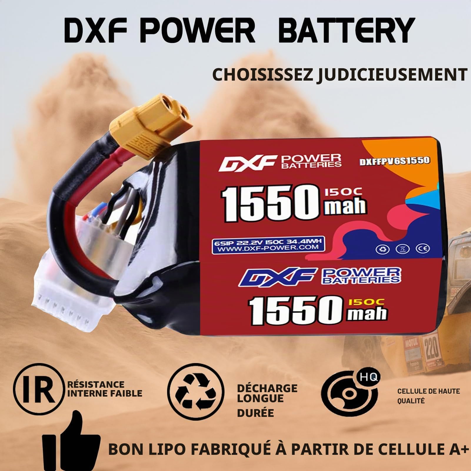DXF Lot de 2 batteries LiPo XT60 1550 mAh 22,2 V 150 C 6S en graphène de qualité supérieure pour drone de course FPV, quadricoptère, hélicoptère, avion, bateau, voiture, camion