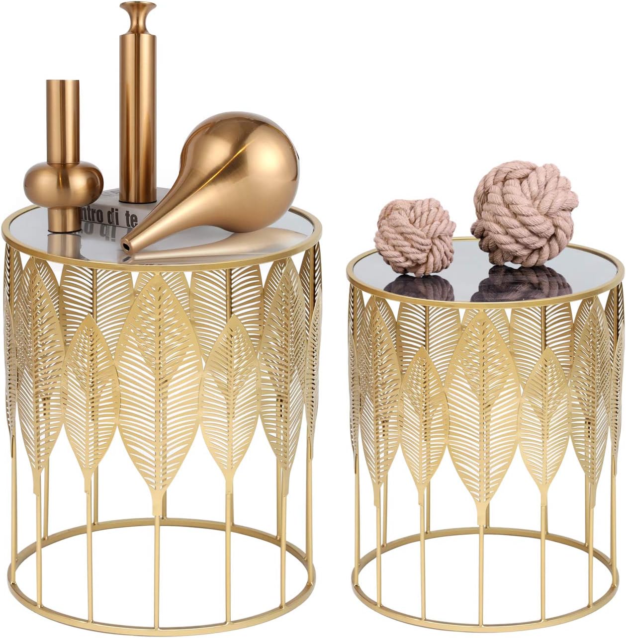 Joveco Gold Nesting Round Side End Tables Set of 2- Coffee Tea Table Mid Century Night Stands for Living Room Bedroom Outdoor (Gold Leaves Style)