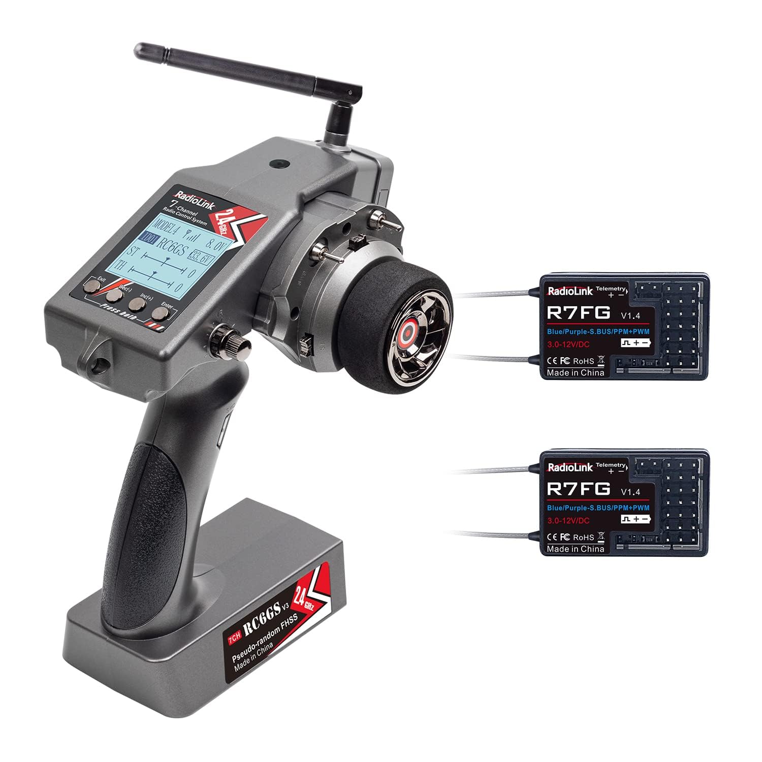 Radiolink RC6GS V3 7 Kanäle 2.4GHz RC Sender mit 2 Stück Empfängern R7FG, Gyro Telemetrie integriert, Dual Mix programmierbar für RC Auto Truck Buggy Crawler RC Boot(Englisches Menü)