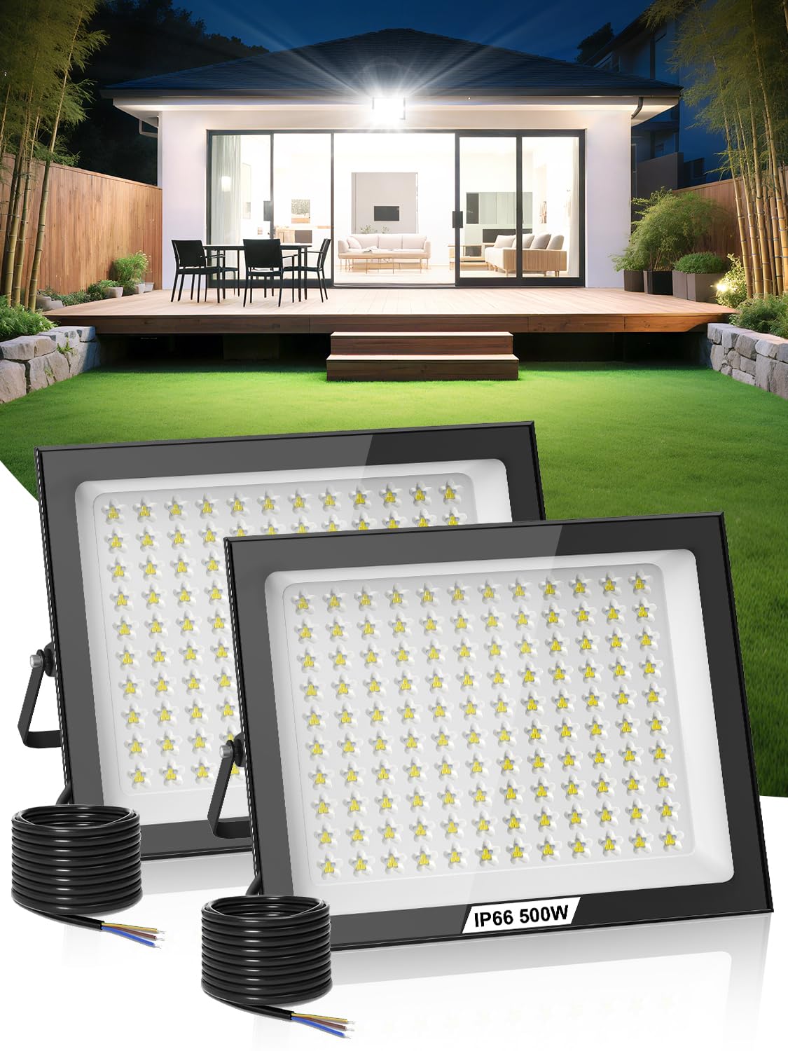 Focos LED Exterior 500W 2 Pieza,50000LM Superbrillante Foco Exterior,6500K Blanco Frío Proyector LED Exter𝐢or,Impermeable IP66 Foco Luz para Jardín, Patios, Garaje, Terraza