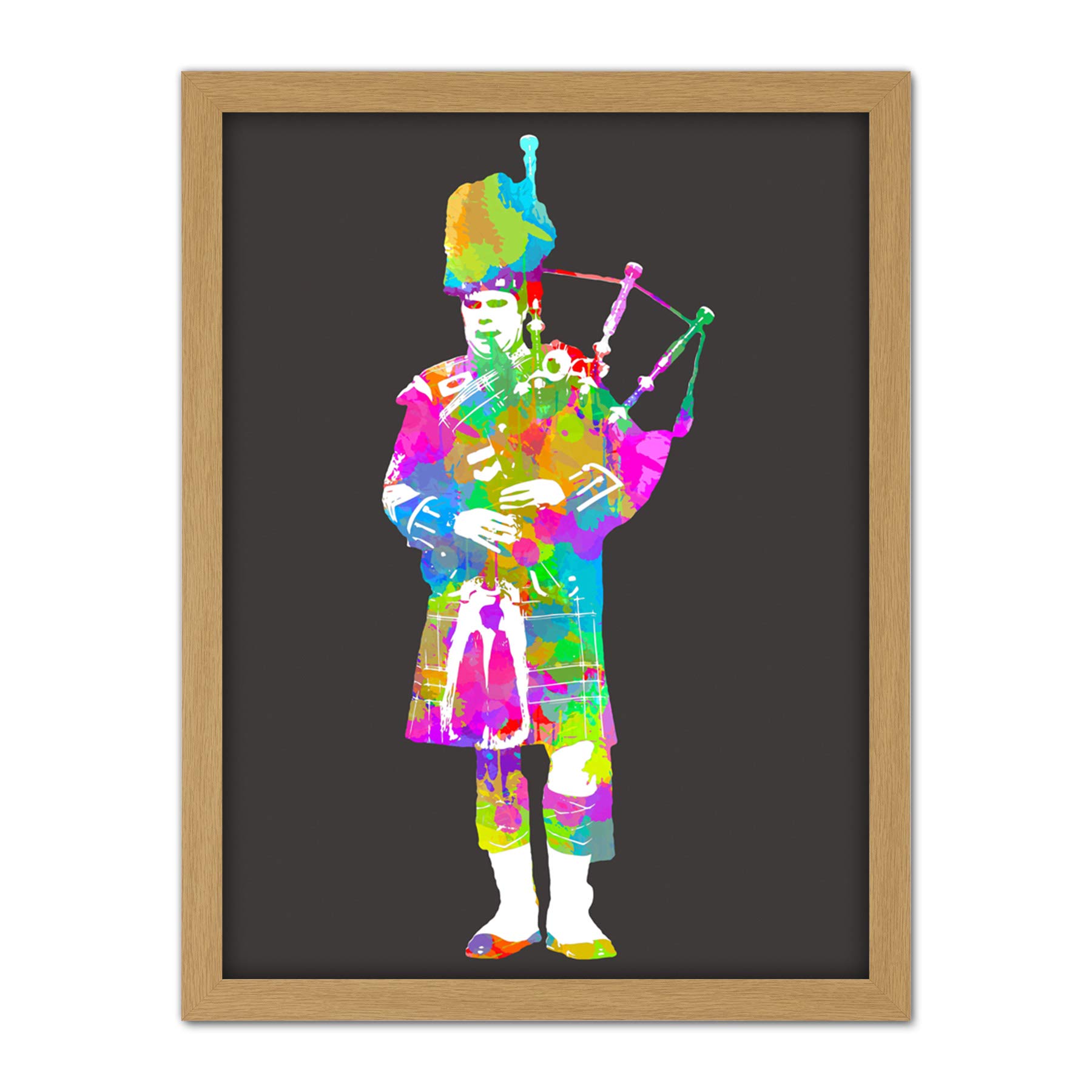 Wee Blue Coo Colourful Piper Bagpipes Scotland Artwork Framed Wall Art Print 18X24 Inch