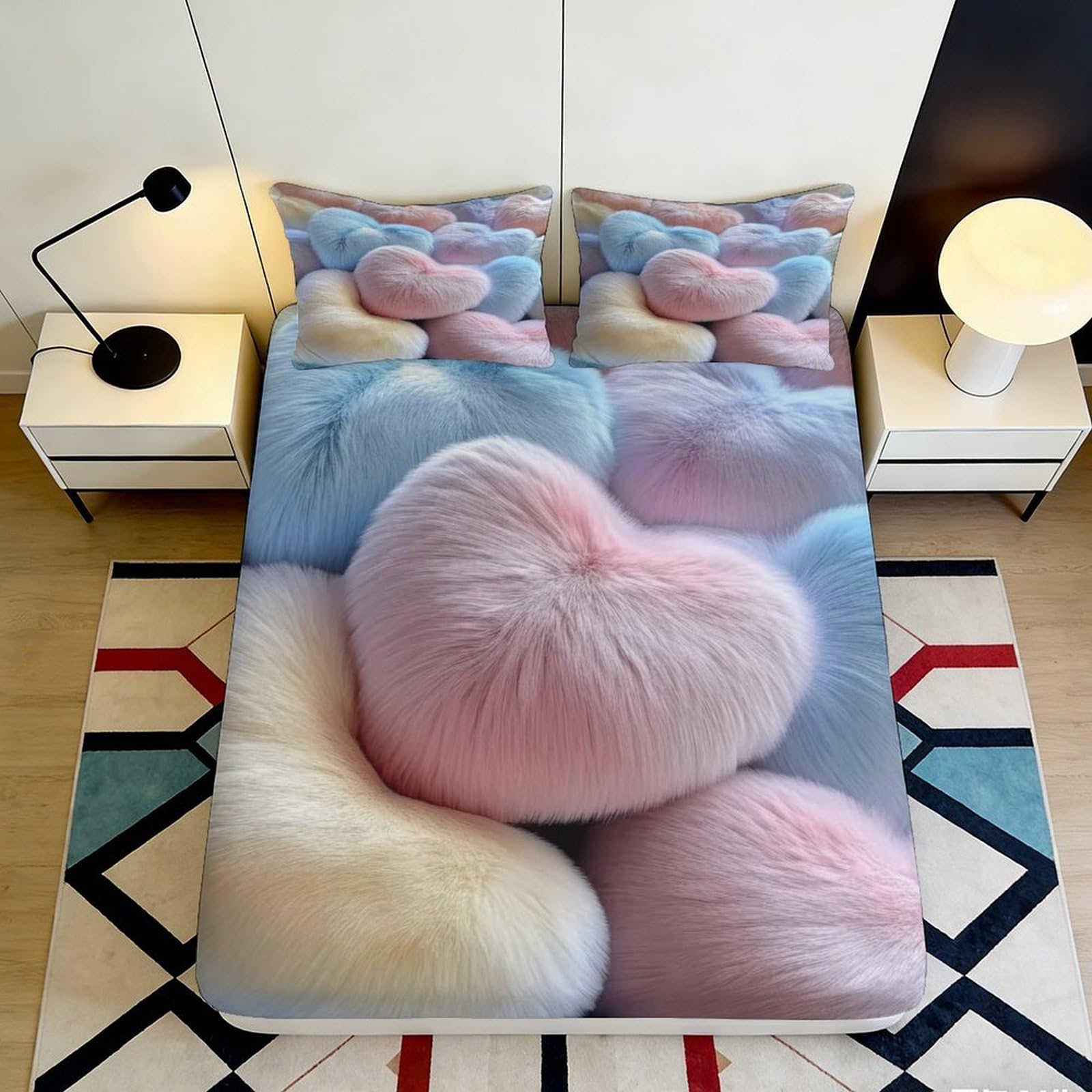 3D Printed Fluffy Heart Fitted Sheet Microfiber Soft Breathable Pastel Colors Bed Cover for Bedroom Dormitory Guest Room Mattress Protection Decor 180x200x25cm